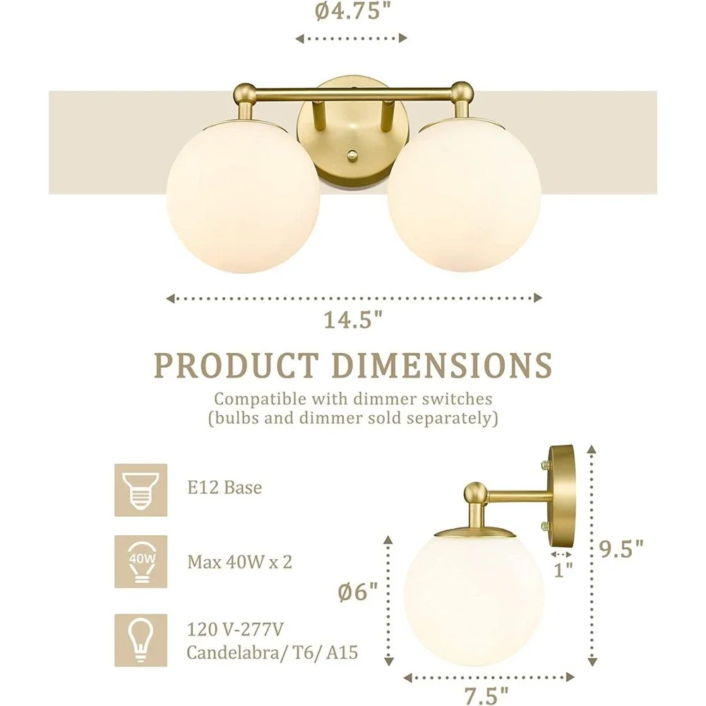 Gold Bathroom Light Fixture 2-Light Vanity Light Over Mirror Wall Sconce Globe